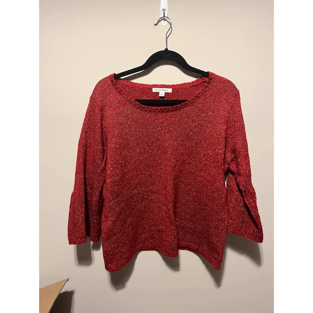 Studio Works Red Metallic Marl Knit Sweater 3/4 Bell Sleeve Pointelle Womens L